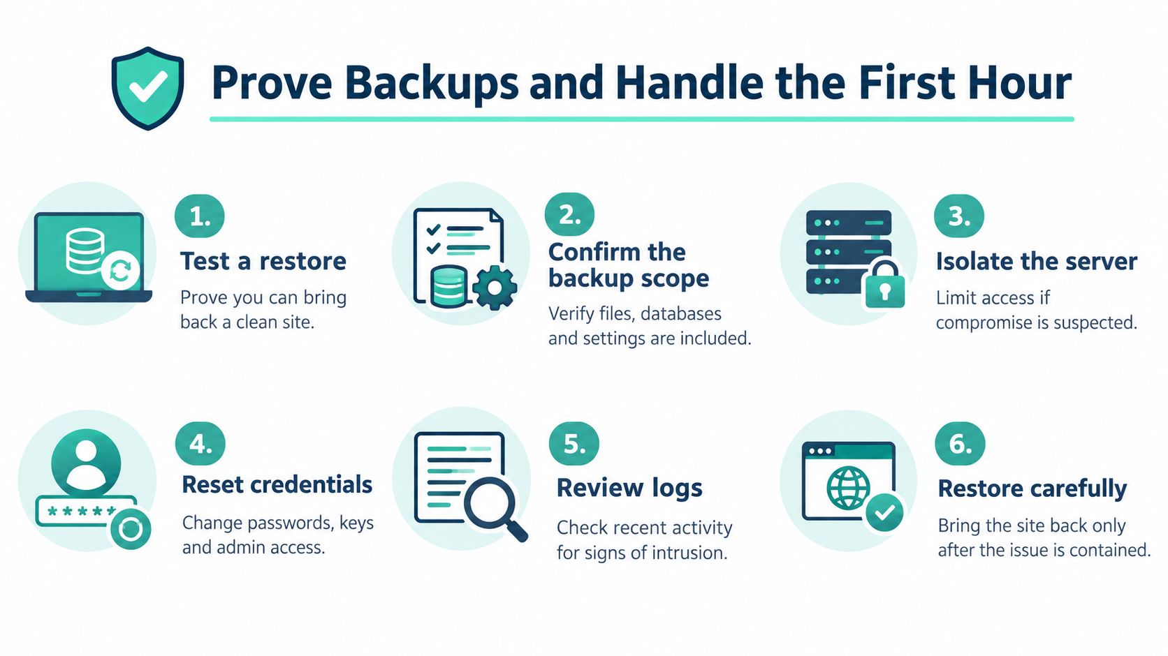 How to Manage VPS Server for Australian Teams 5 An infographic titled prove backups and handle the first hour, listing six essential steps for server recovery.
