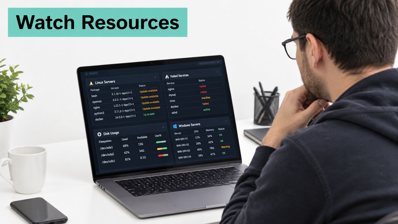 How to Manage VPS Server for Australian Teams 4 A professional monitoring their server infrastructure and system resource status on a laptop screen in an office.