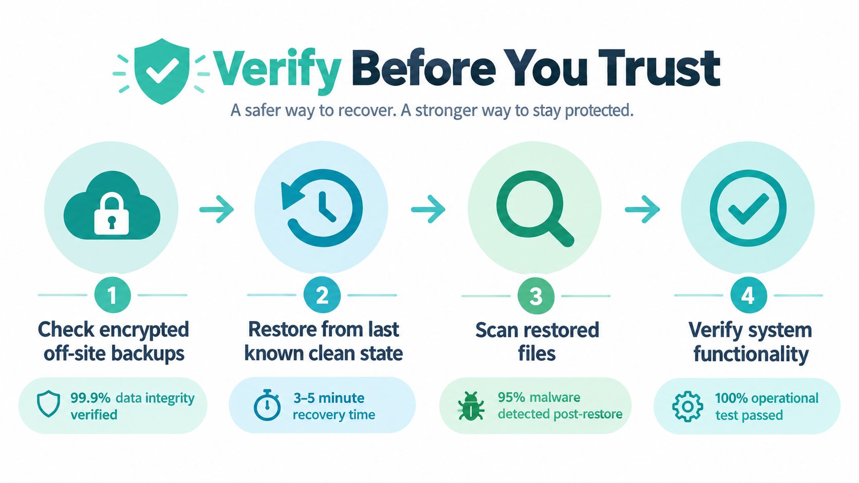 How to Remove Malware from Your Australian Website in 2026 4 A four-step infographic illustrating a secure data recovery process for verifying backups and removing potential malware.