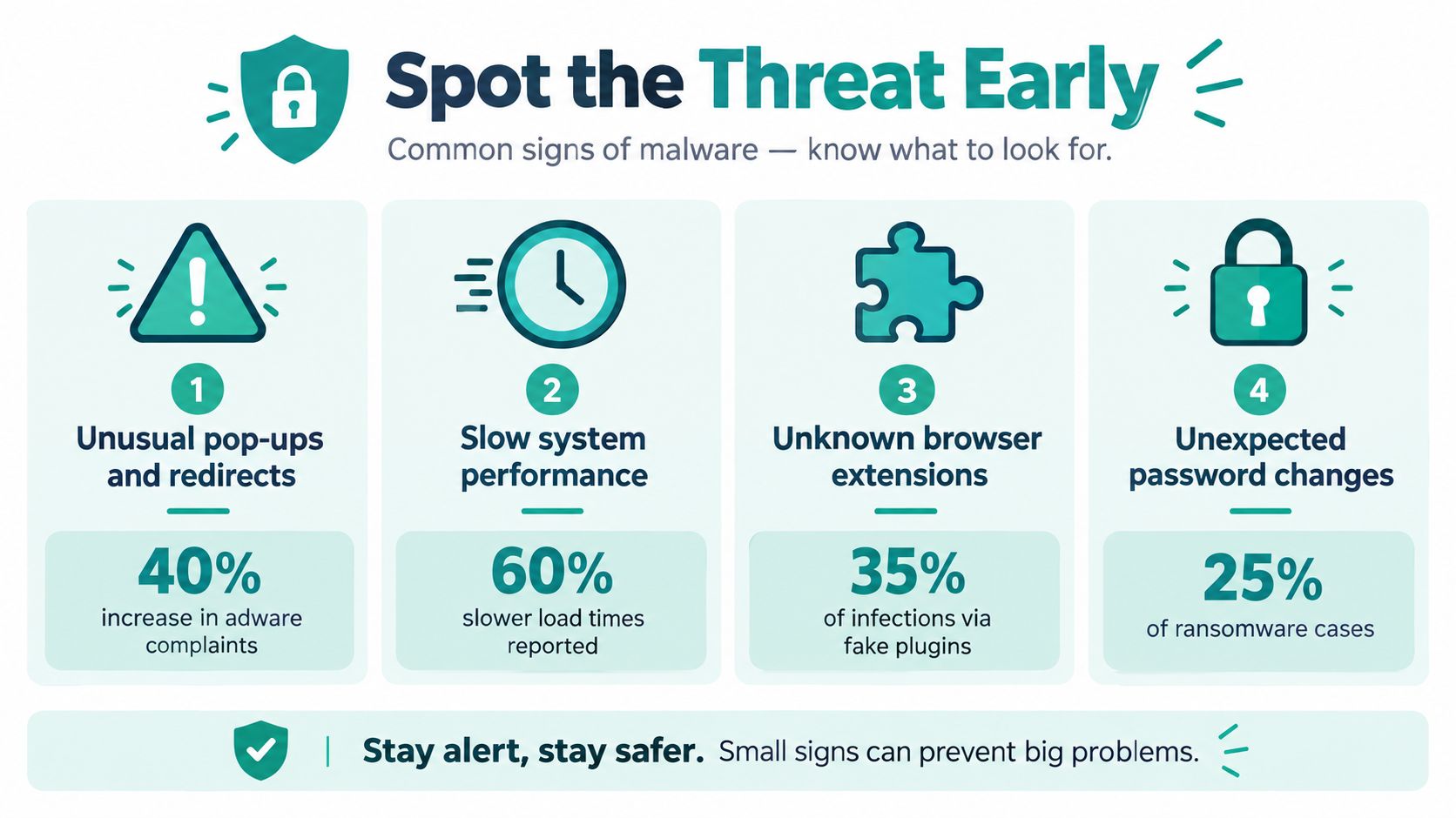 How to Remove Malware from Your Australian Website in 2026 2 An infographic titled spot the threat early showing four common signs of malware and cybersecurity threats.