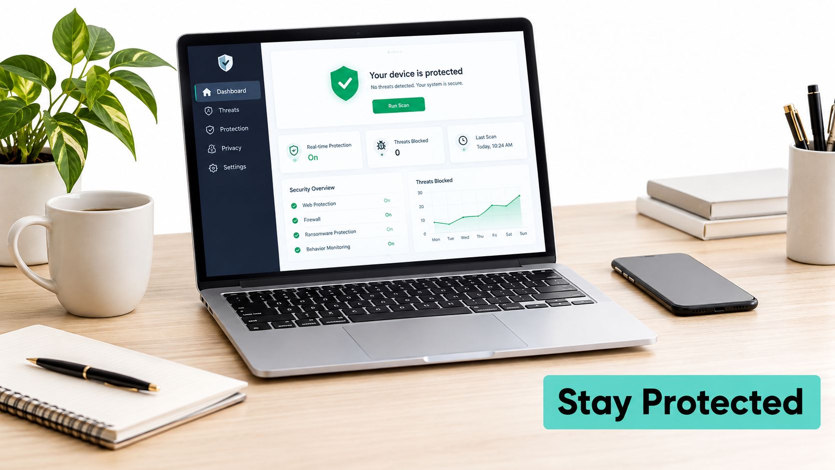 How to Remove Malware from Your Australian Website in 2026 5 A modern workspace with a laptop displaying a security dashboard app and other office supplies.