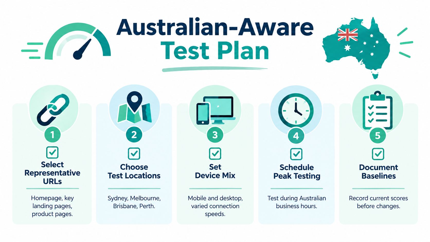 How to Test Website Performance the Australian Way 4 An infographic titled australian-aware test plan detailing five steps for website performance testing in australia.