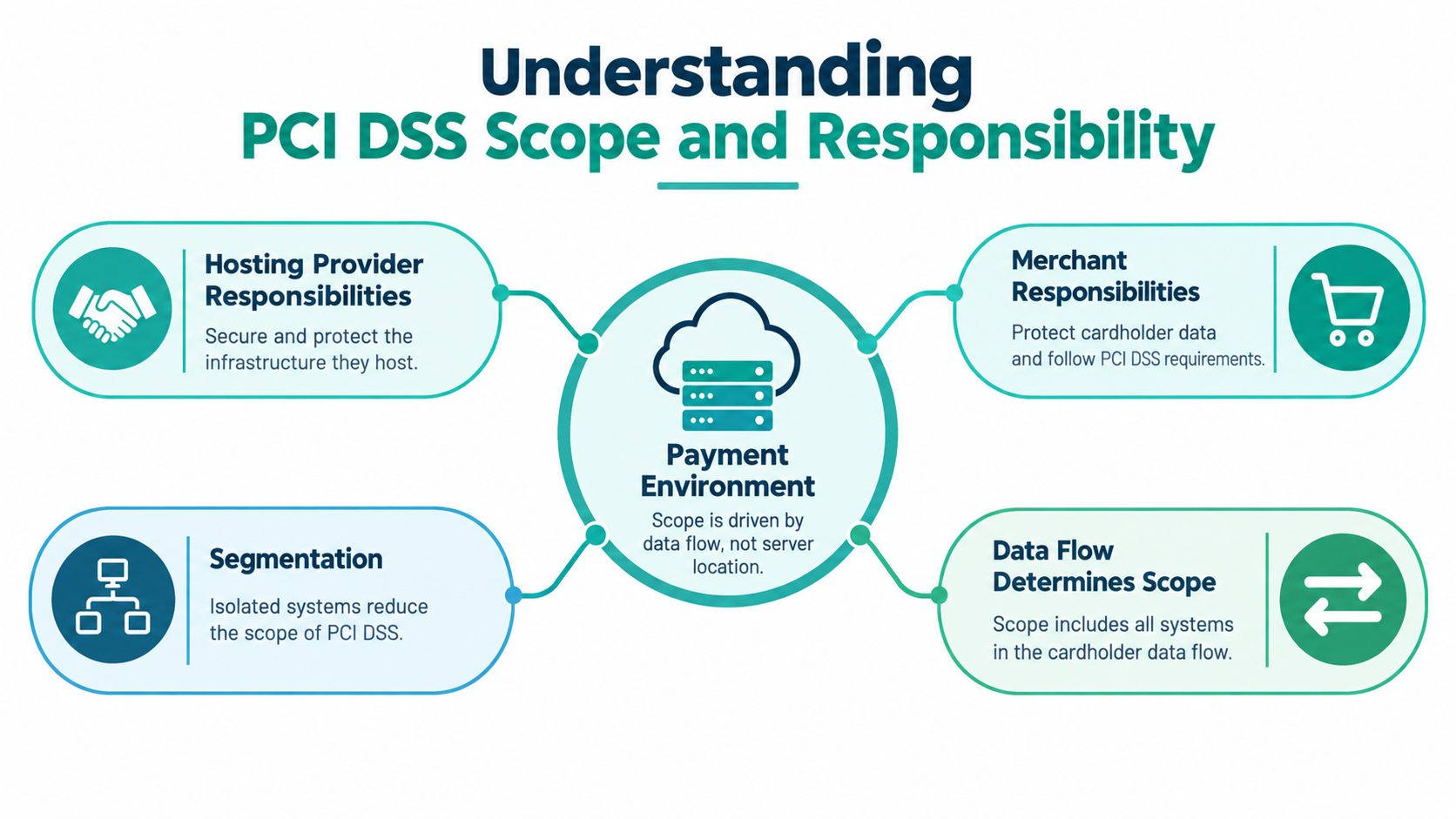 PCI Compliance Hosting in Australia: The SME Guide 3 An infographic titled understanding pci dss scope and responsibility, highlighting merchant and hosting provider roles, segmentation, and data flow.