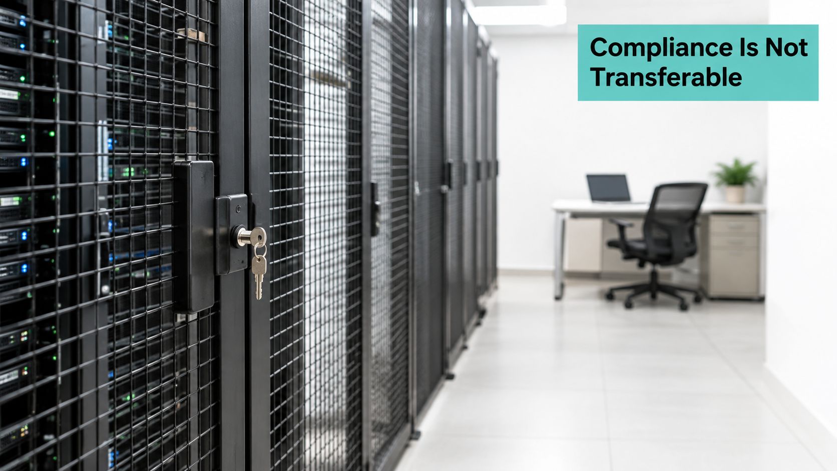 PCI Compliance Hosting in Australia: The SME Guide 8 A secure server room with locked metal cage cabinets and a workstation in the background.