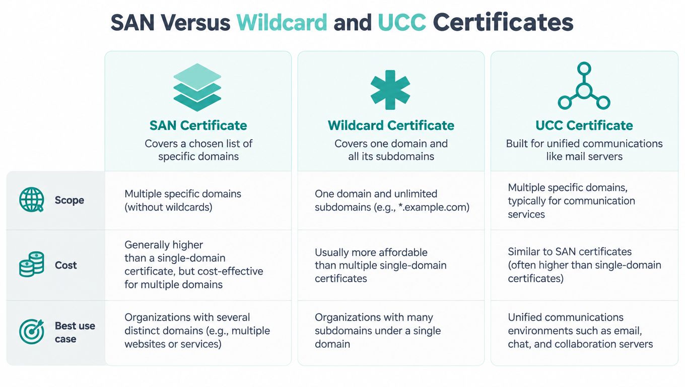 SAN SSL Certificate Guide for Australian Business 4 A comparison chart outlining the differences between san, wildcard, and ucc ssl certificates for website security.
