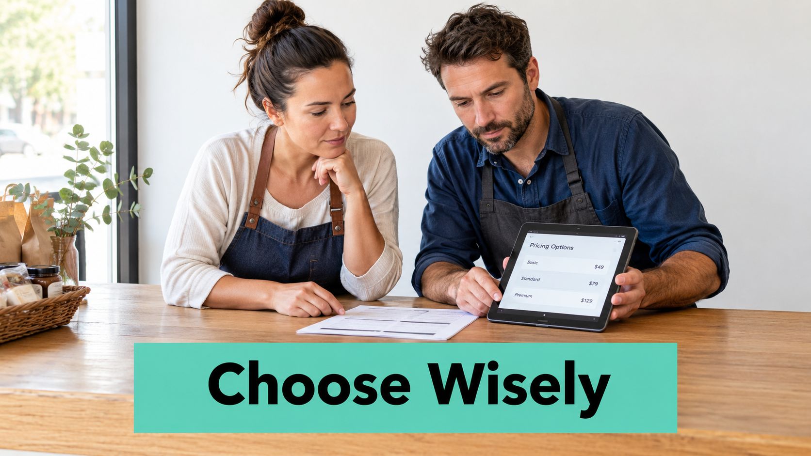 SAN SSL Certificate Guide for Australian Business 6 A man and woman in aprons analyzing pricing options on a tablet screen in a cafe setting.