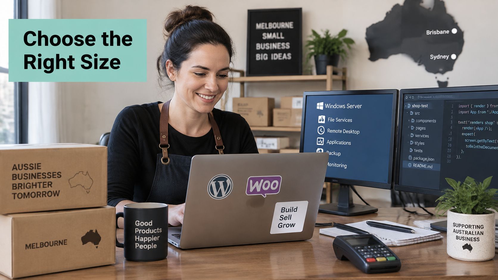 A woman working on a laptop at a desk with boxes and computer screens in a home office.