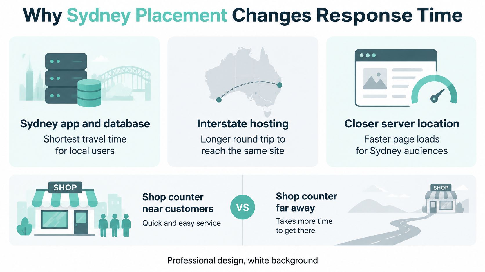 An infographic showing how sydney server hosting placement reduces response time compared to distant interstate locations.