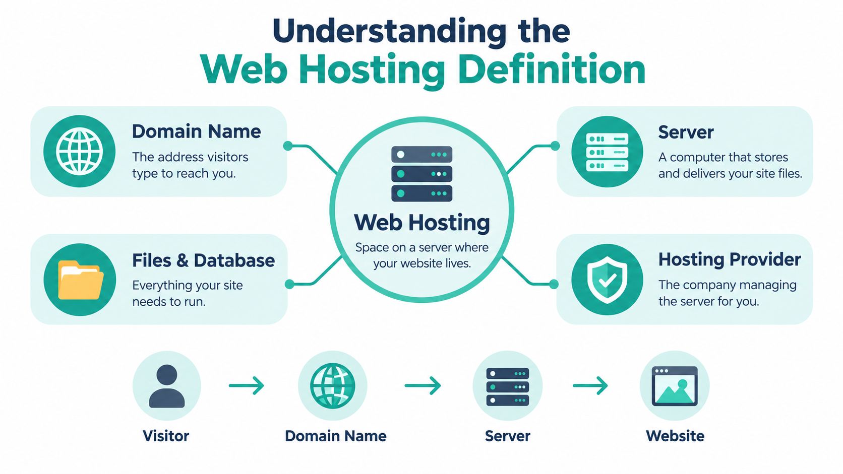 Web Hosting Definition: What It Is and How It Works 2 A diagram explaining web hosting by showing its key components including domain, server, files, and provider.