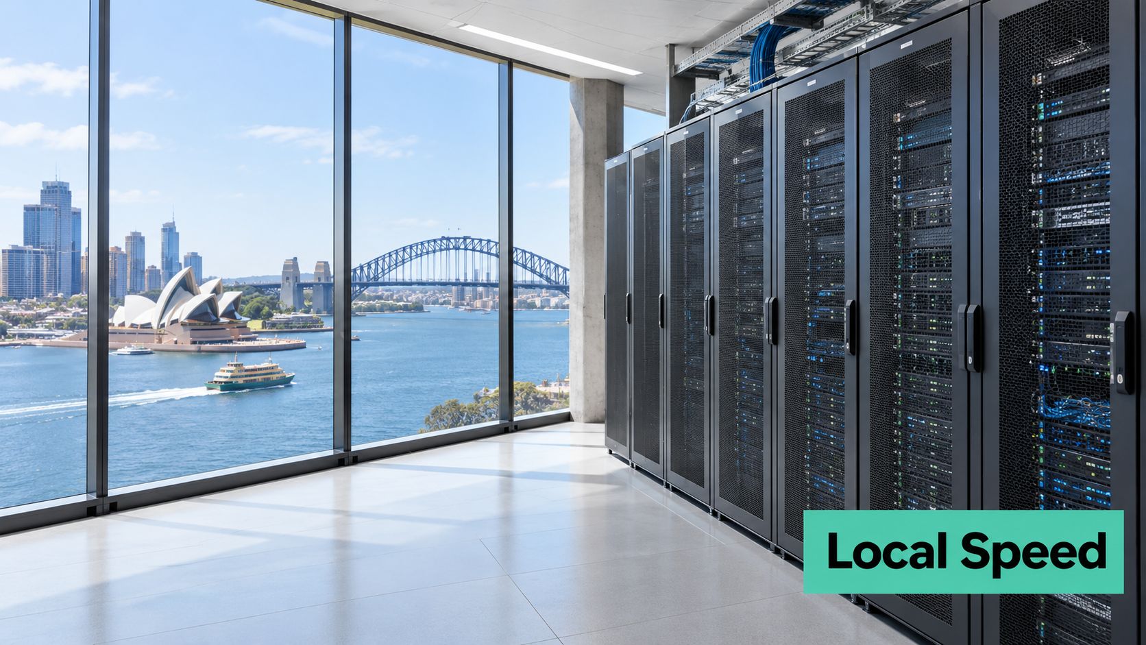 Web Hosting Meaning Explained for Australian Sites 6 Server room interior with rack cabinets overlooking the sydney harbour bridge and sydney opera house.