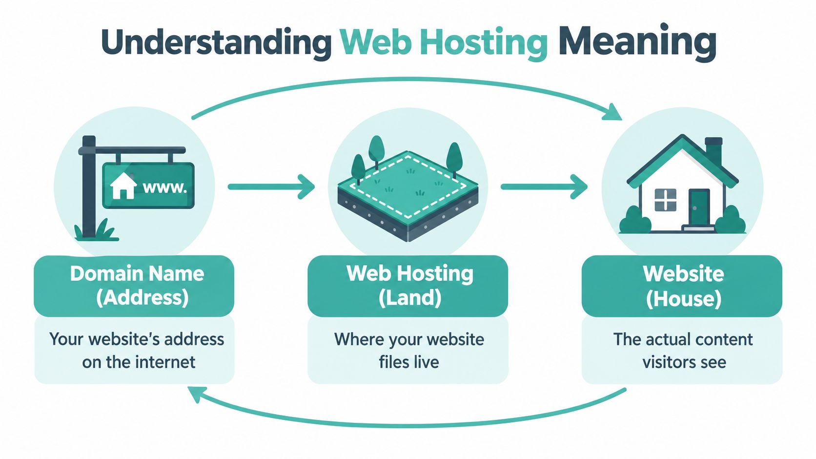 Web Hosting Meaning Explained for Australian Sites 2 An infographic illustrating web hosting meaning using an analogy of a house, land, and address.