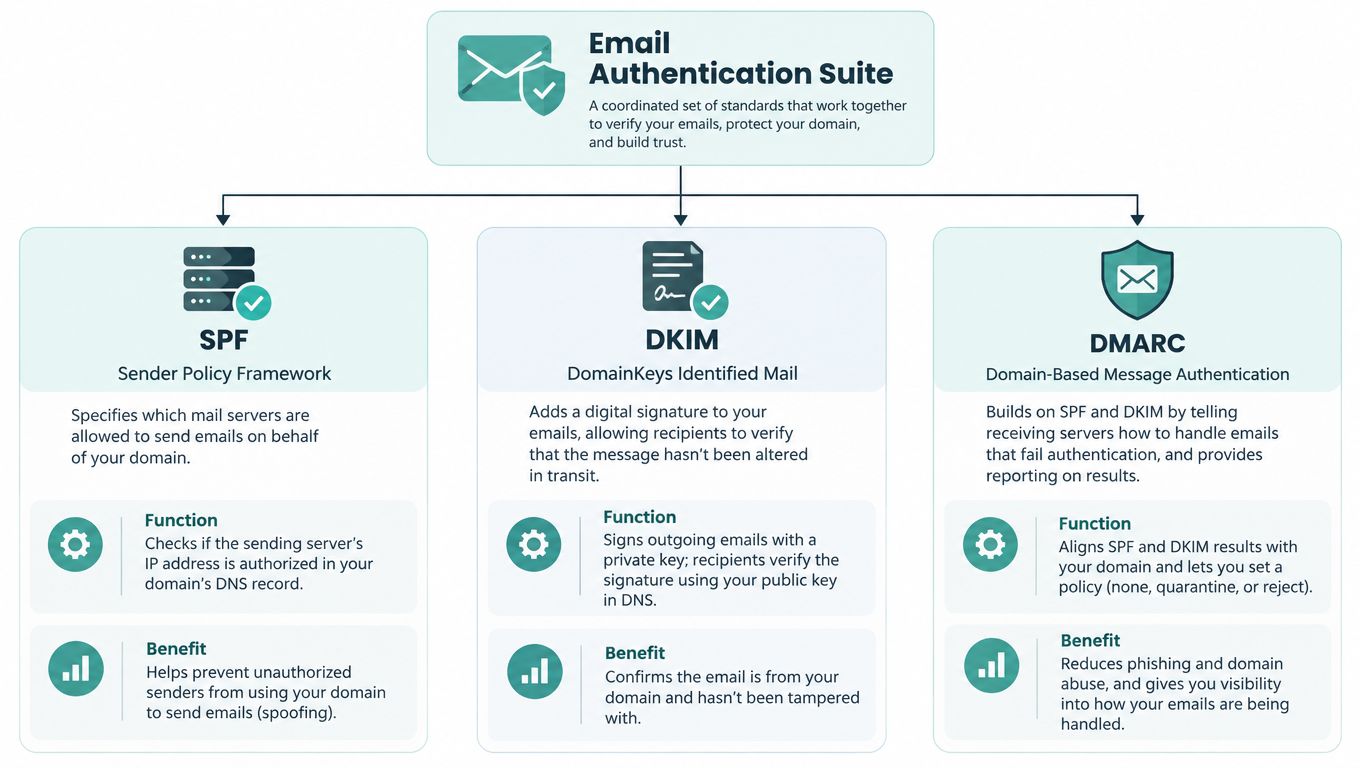 A diagram illustrating the email authentication suite consisting of spf, dkim, and dmarc standards for domain protection.