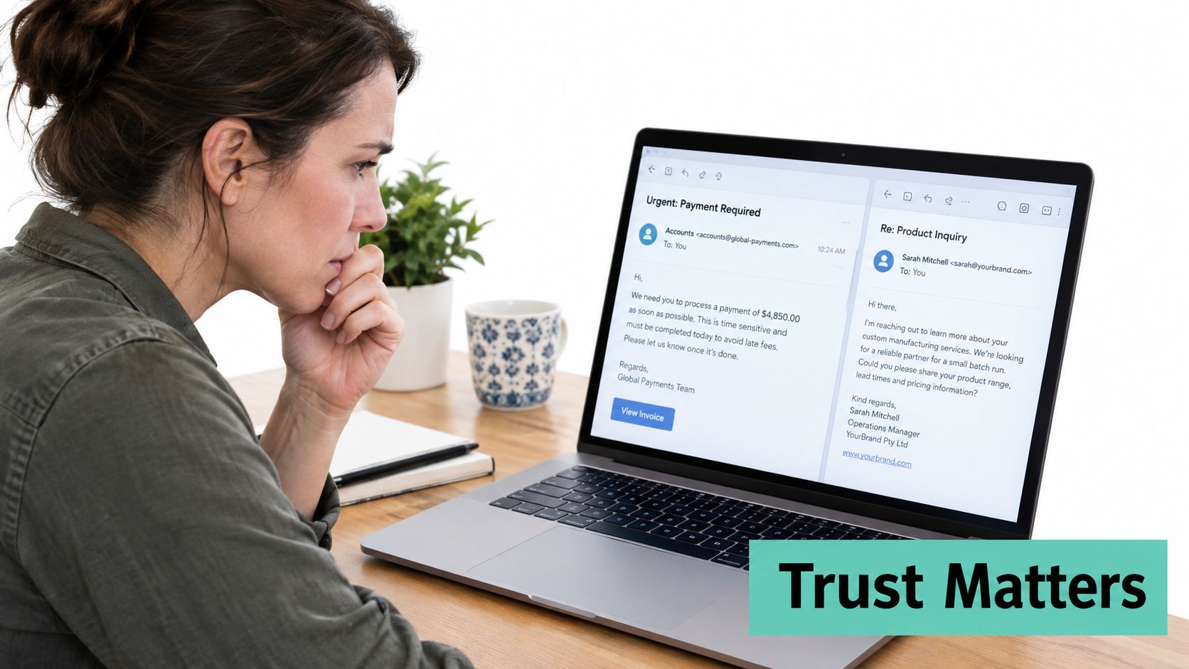 A concerned woman looking at phishing email examples on her laptop screen in a home office.