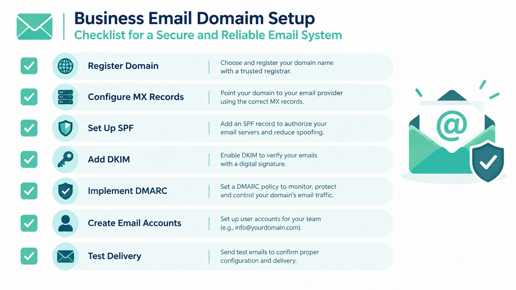 A checklist infographic outlining the essential steps for setting up a secure and reliable business email domain.