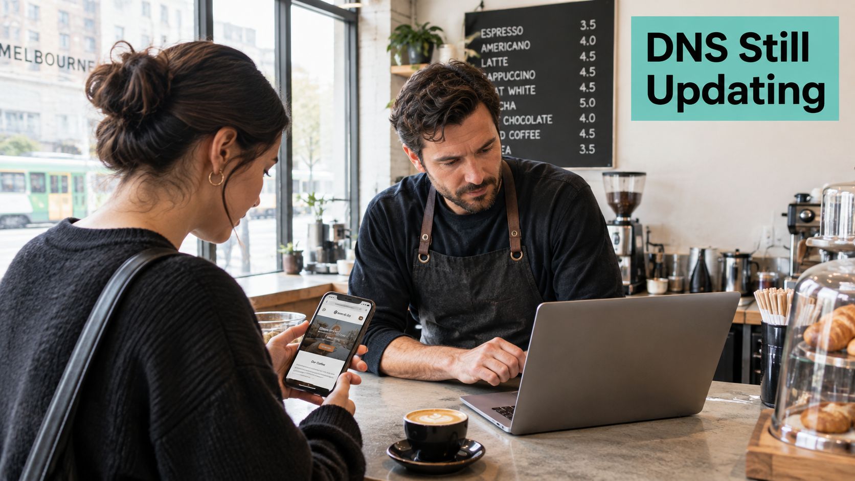 A woman and a barista looking at a website on a smartphone in a modern coffee shop.