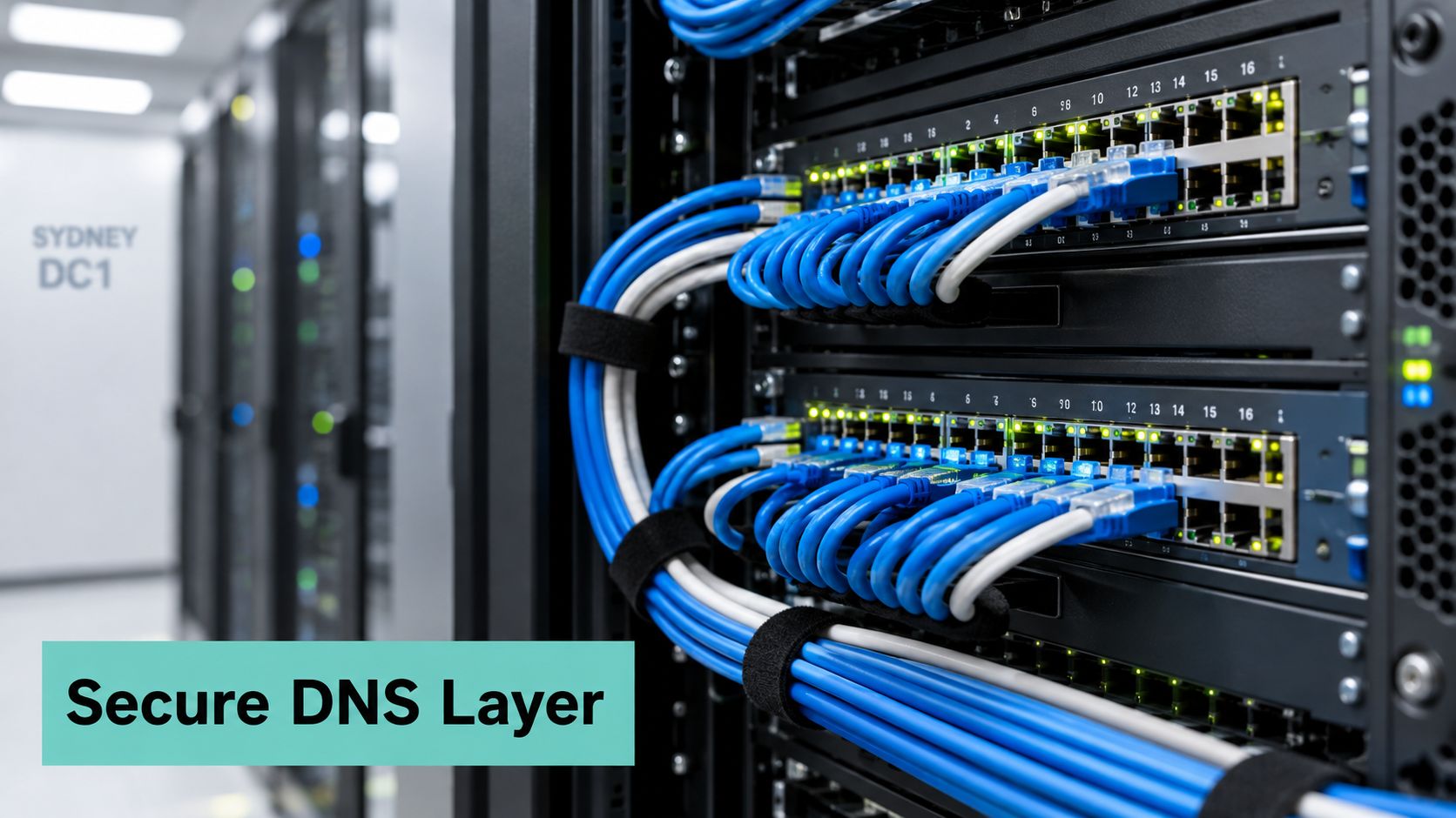 A close up shot of a network switch inside a server rack with blue ethernet cables