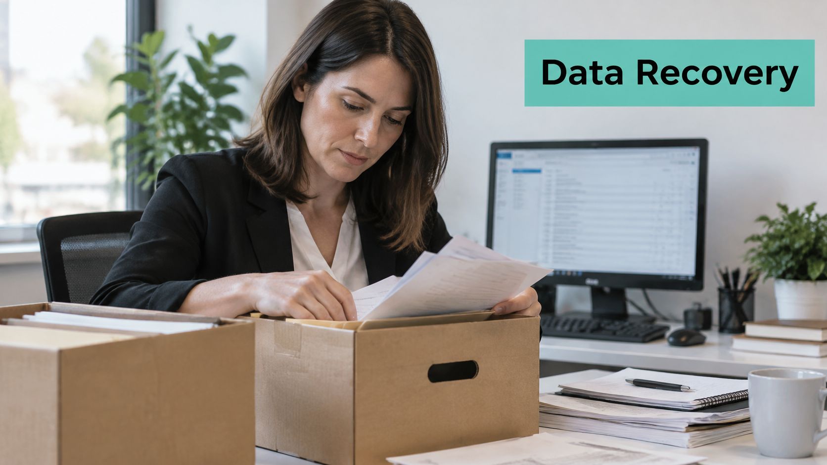 A professional woman organizing documents into cardboard boxes in an office for data recovery services.