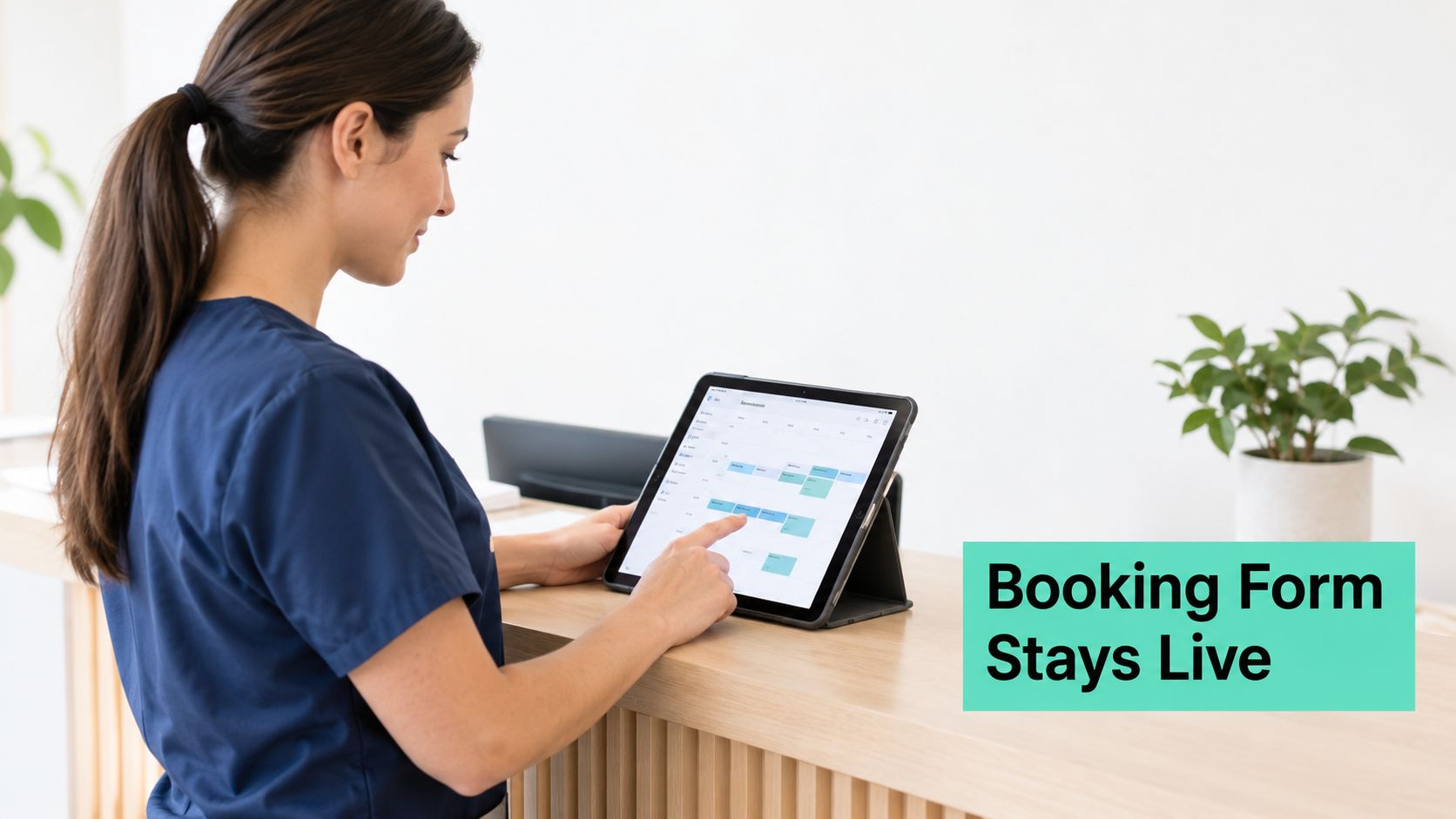 What Is Managed WordPress Hosting? a Plain-English Guide 5 A healthcare receptionist in scrubs using a tablet to manage patient appointments at a front desk.
