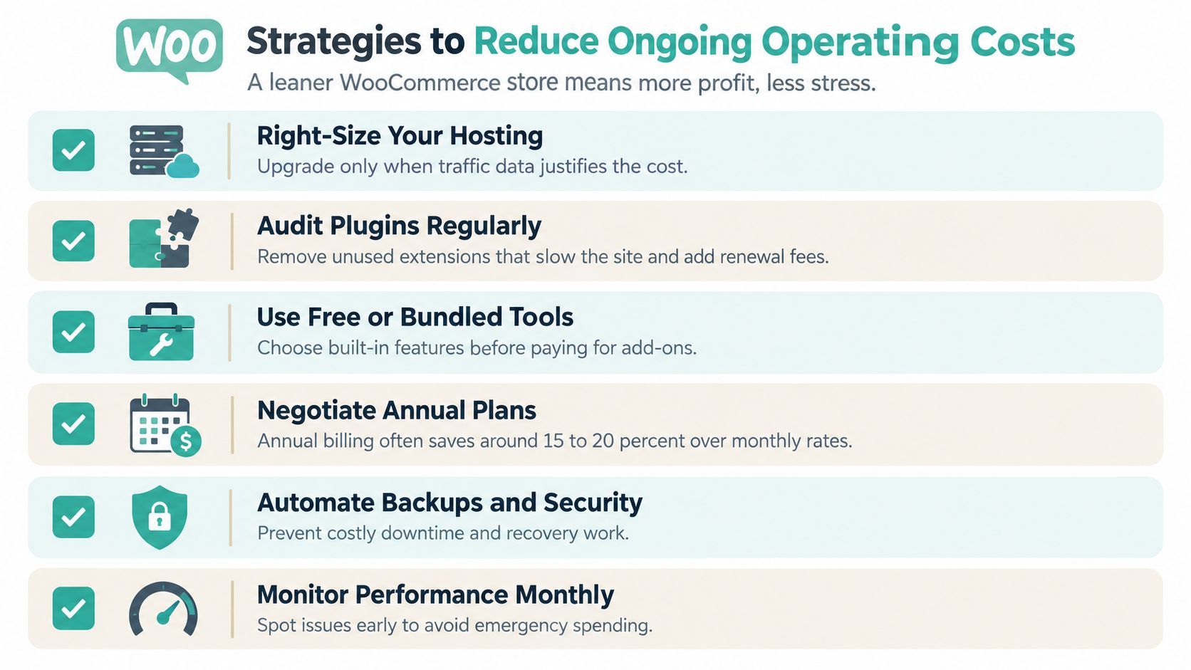 WooCommerce Pricing: Australian Cost Guide 6 An infographic displaying six actionable strategies to help woocommerce store owners reduce their ongoing operating costs.