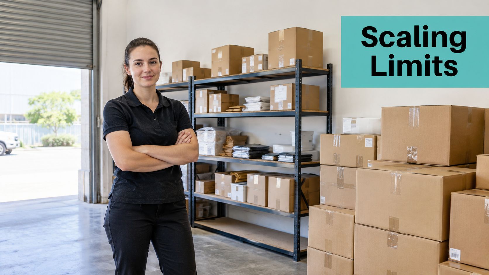 WooCommerce vs Wix: Best Australian POS in 2026 7 A professional woman standing with arms crossed in front of warehouse shelves filled with shipping boxes.