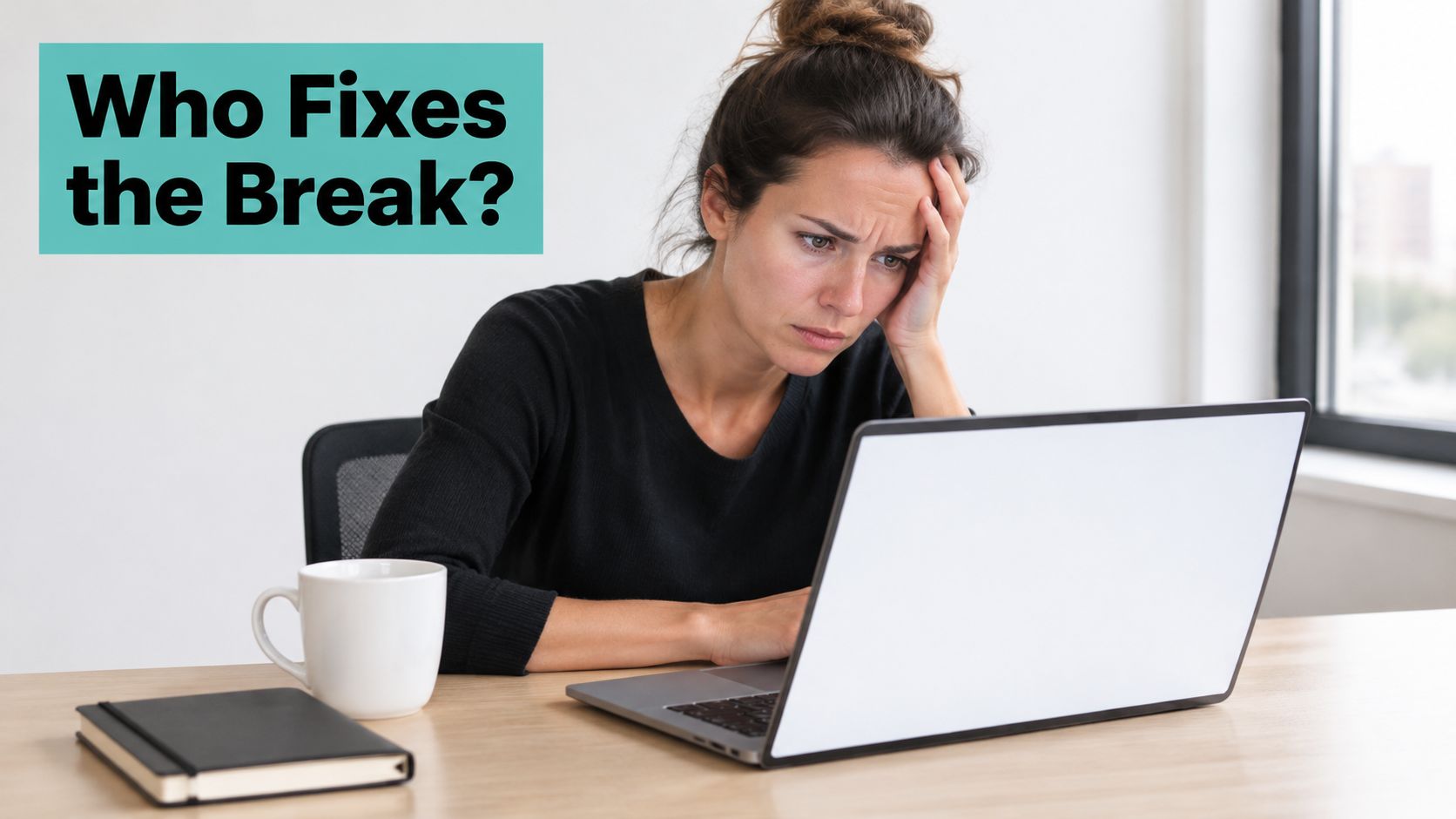 A woman looks frustrated while working on her laptop with a coffee mug on the desk.