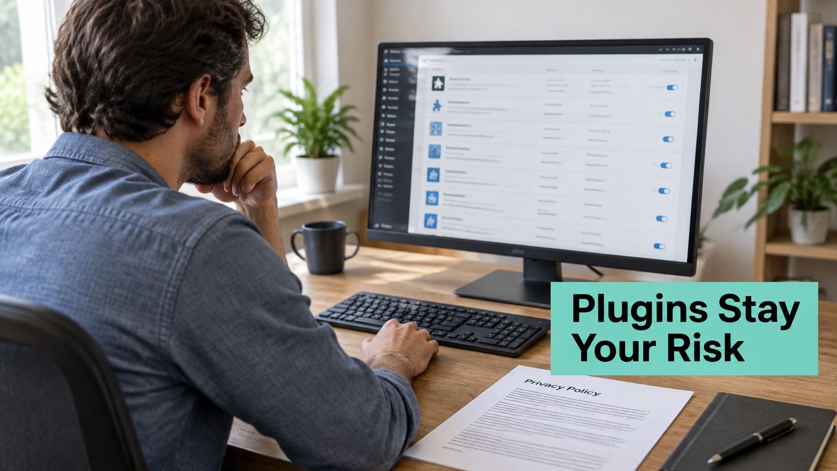 A man working on his computer reviewing wordpress plugins with a privacy policy document on the desk.